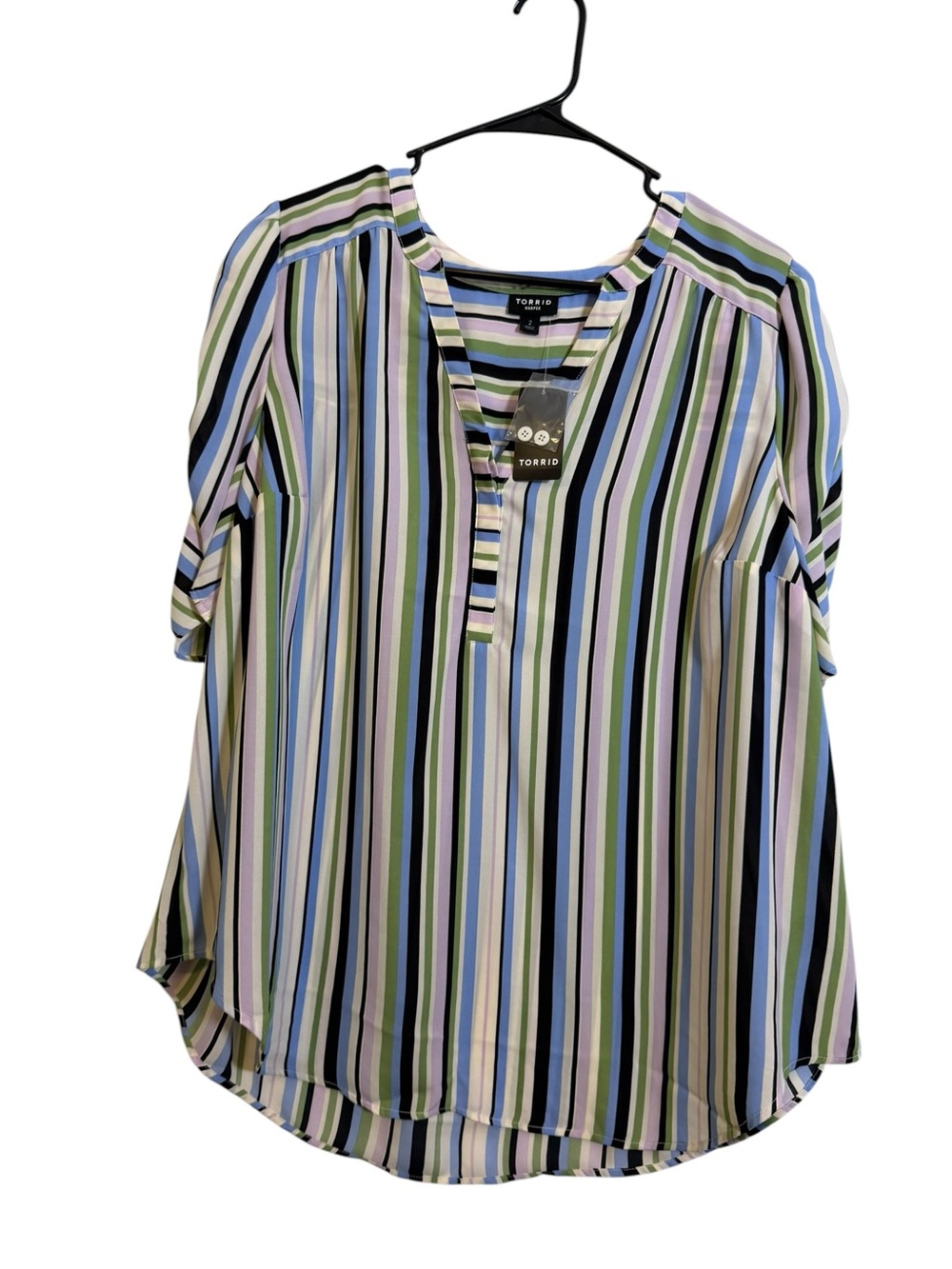 Torrid Harper Multicolor Vertical Stripe V-Neck Blouse with Ruched sleeves sz 2X